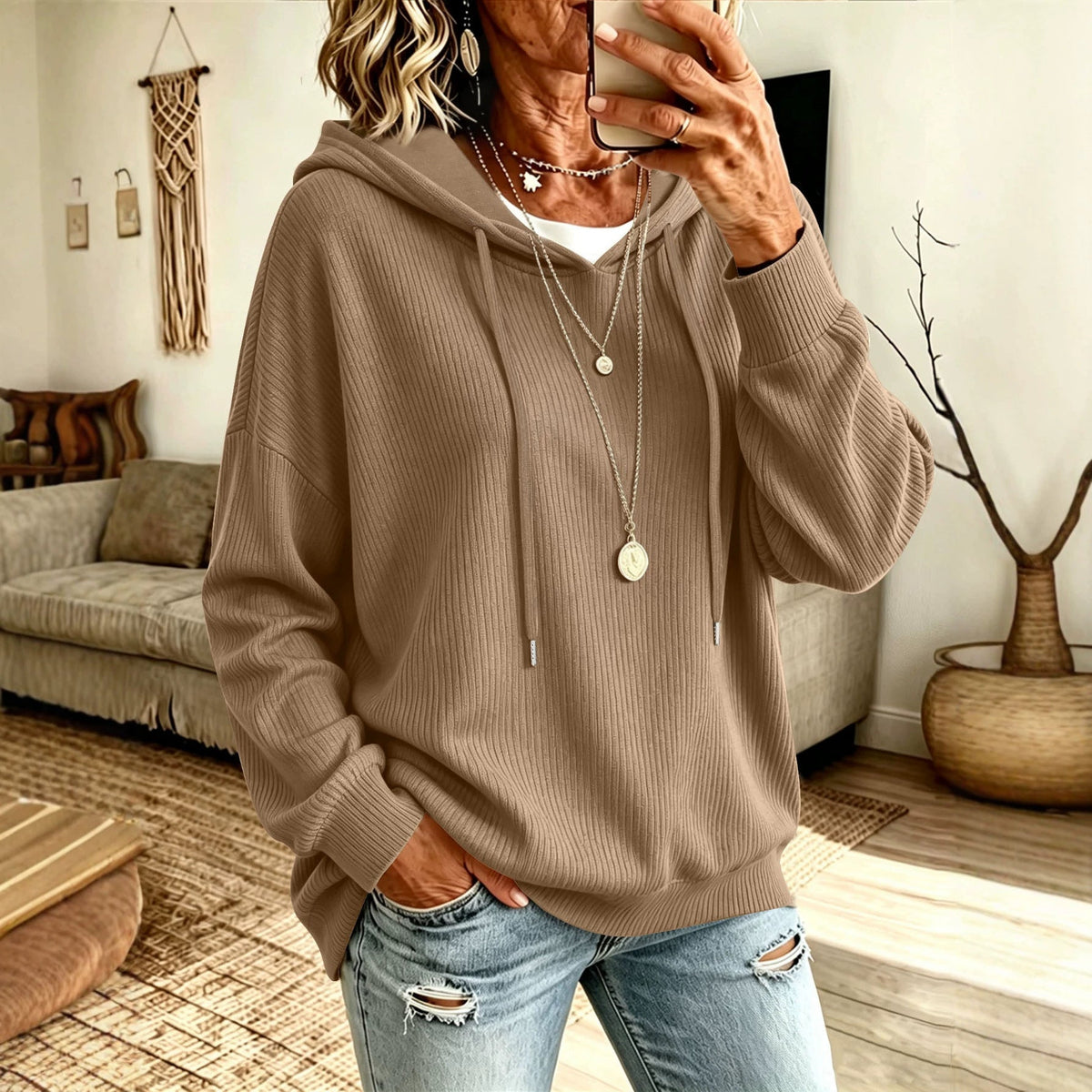 Amazon Cross-border Autumn And Winter Lazy Pit Knitted Hoodie Loose Meat Covering Shoulder Sleeve Women's Pullover Sweater