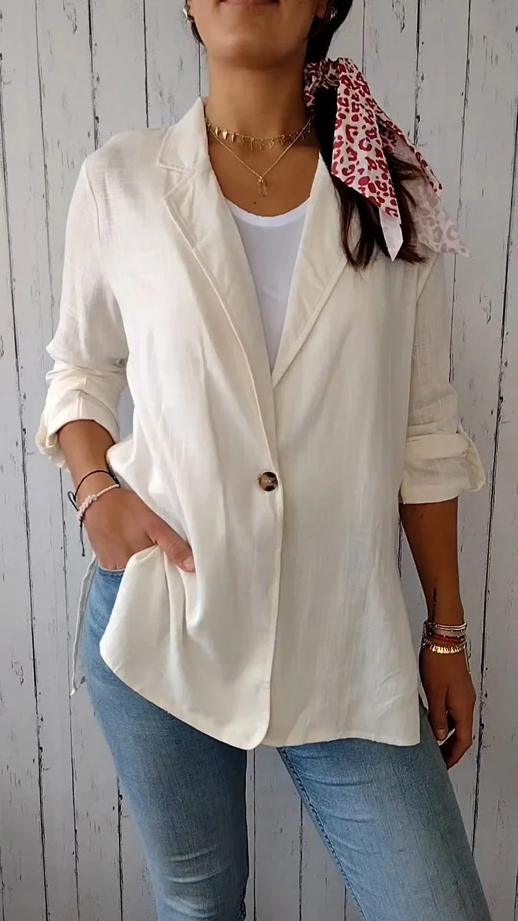 AutumnWinter Womens Cotton-linen Blazer With A Lapel And A Single Button