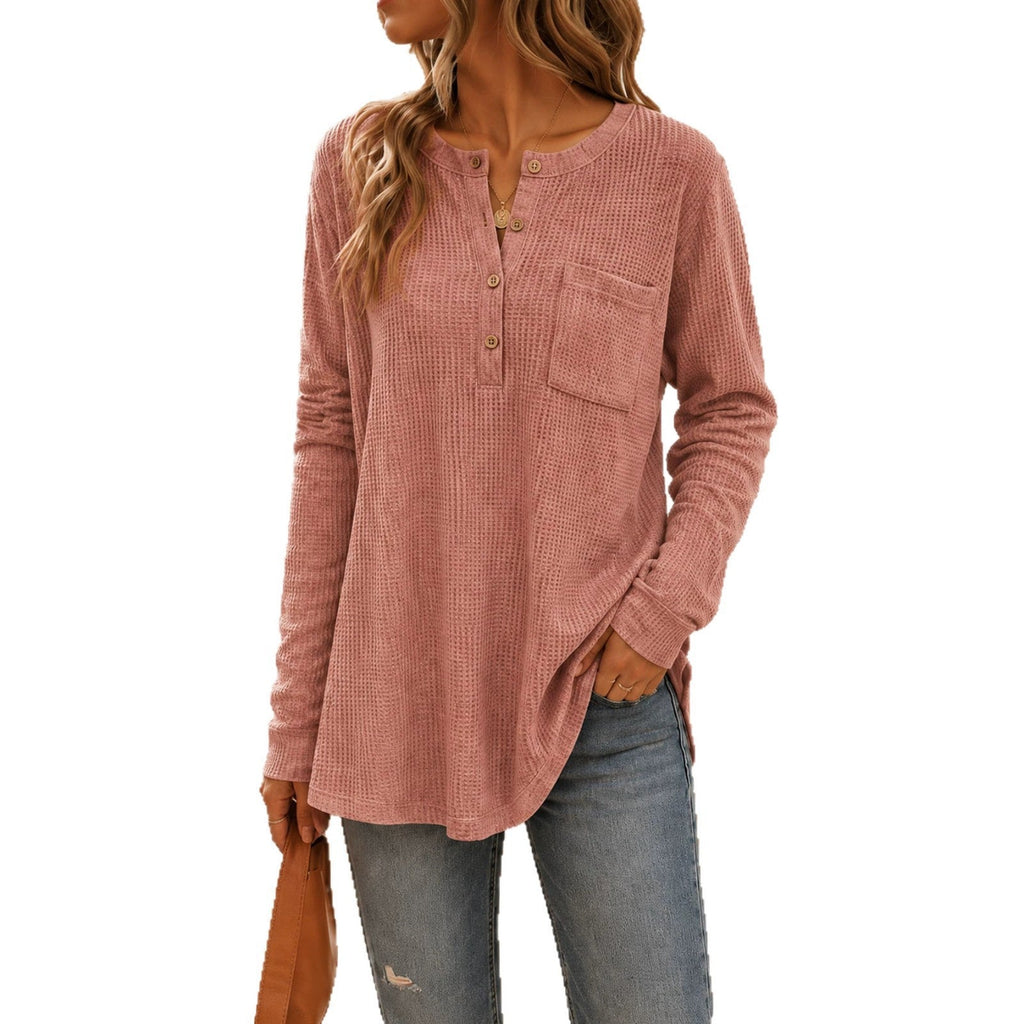 Anno Fashion New Solid Waffle Knit Long Sleeve Top With Pockets & Buttons