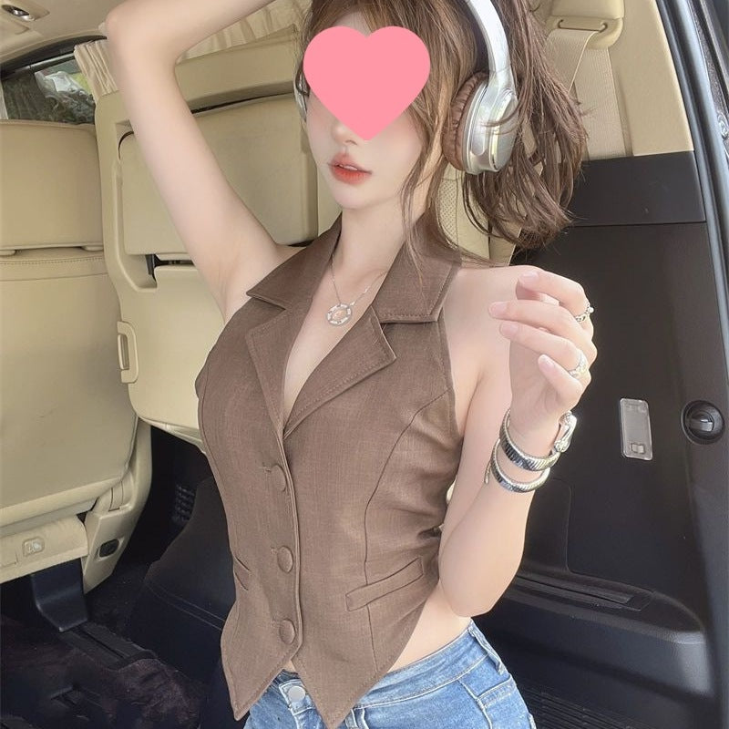 Halter Neck Backless Short Blazer Vest - Women's Sleeveless Tailored Crop Top for Party Club