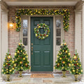 6-Piece Christmas Tree Set – 4 Trees with Sturdy Bases, 1 Pre-Lit Wreath, 1 Garland, Warm