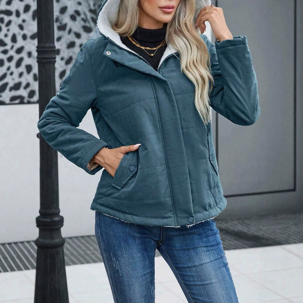 Womens Fleece-lined Hooded Loose-fit Cotton Coat Plus Size