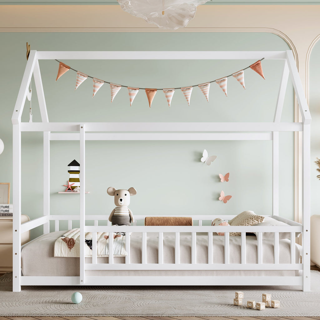 Twin Size Floor Wooden Bed with House Roof Frame