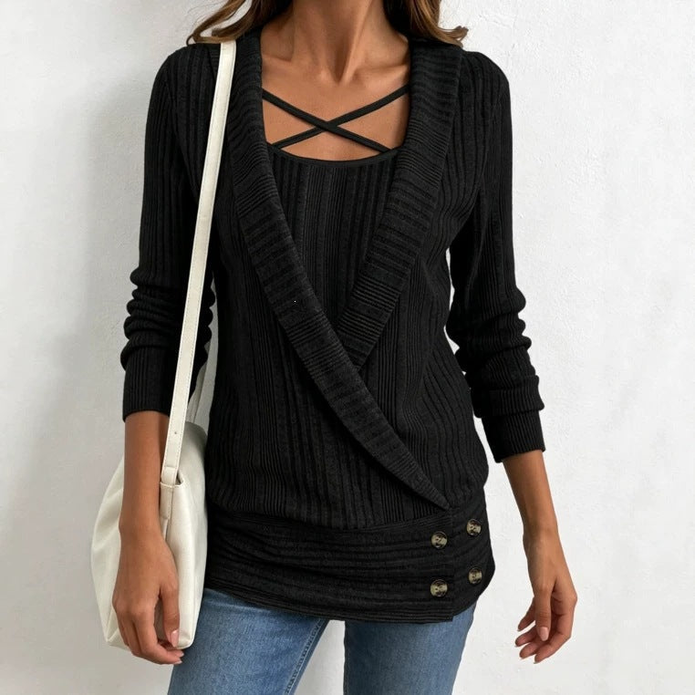 Womens Ribbed Long-sleeve Knit Undershirt With Crisscross Straps
