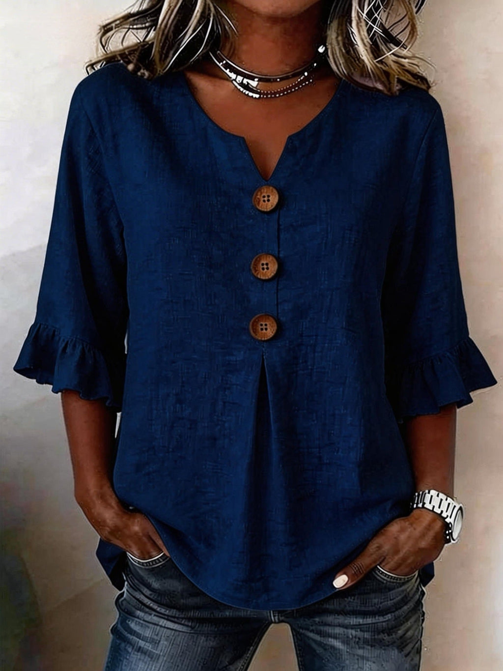 2026 Summer Women's V Neck Cotton Linen Button Up Shirt Solid Color Button Design  Short Sleeve