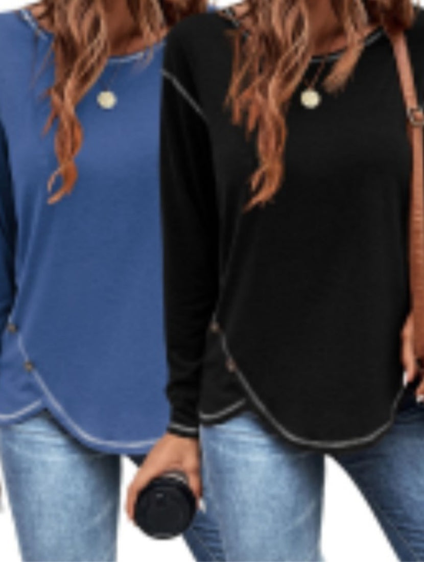 Europe And America New Women's Solid Button Irregular Edge T-shirt