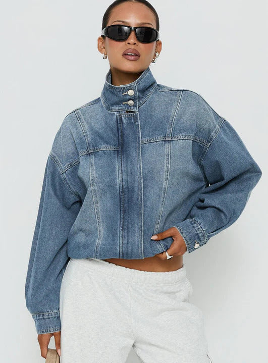 Loose Washed Denim Cross-BorderRetro Stand-Collar Jacket