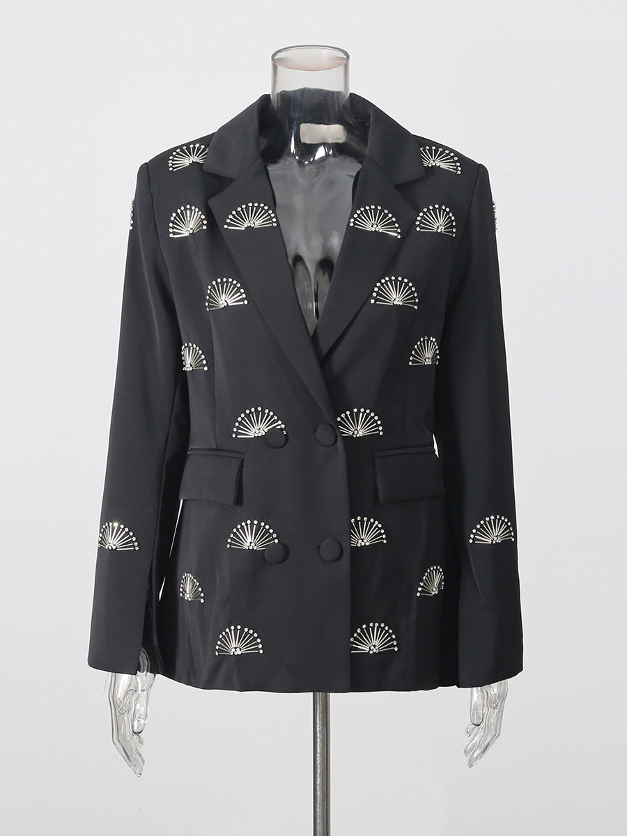 Rhinestone Fan Motif Double Breasted Notched Lapel Tailored Blazer Jacket