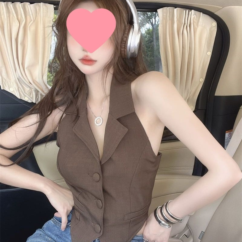 Halter Neck Backless Short Blazer Vest - Women's Sleeveless Tailored Crop Top for Party Club