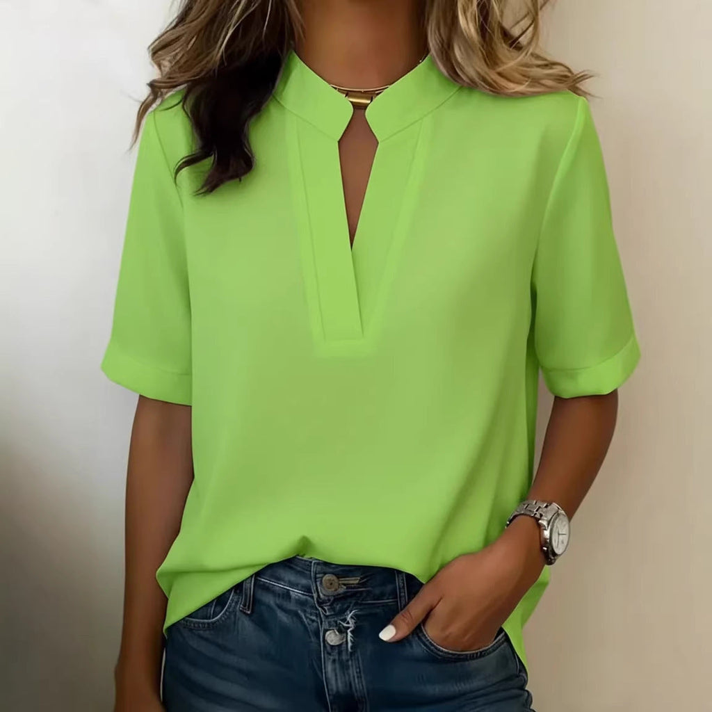 2026 Summer Women S V Neck Casual T Shirt  Solid Color Loose Fitting Women S Short Sleeved Top