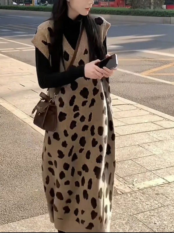 Womens Relaxed-fit Leopard-print Knitted Fashion Midi Vest Dress