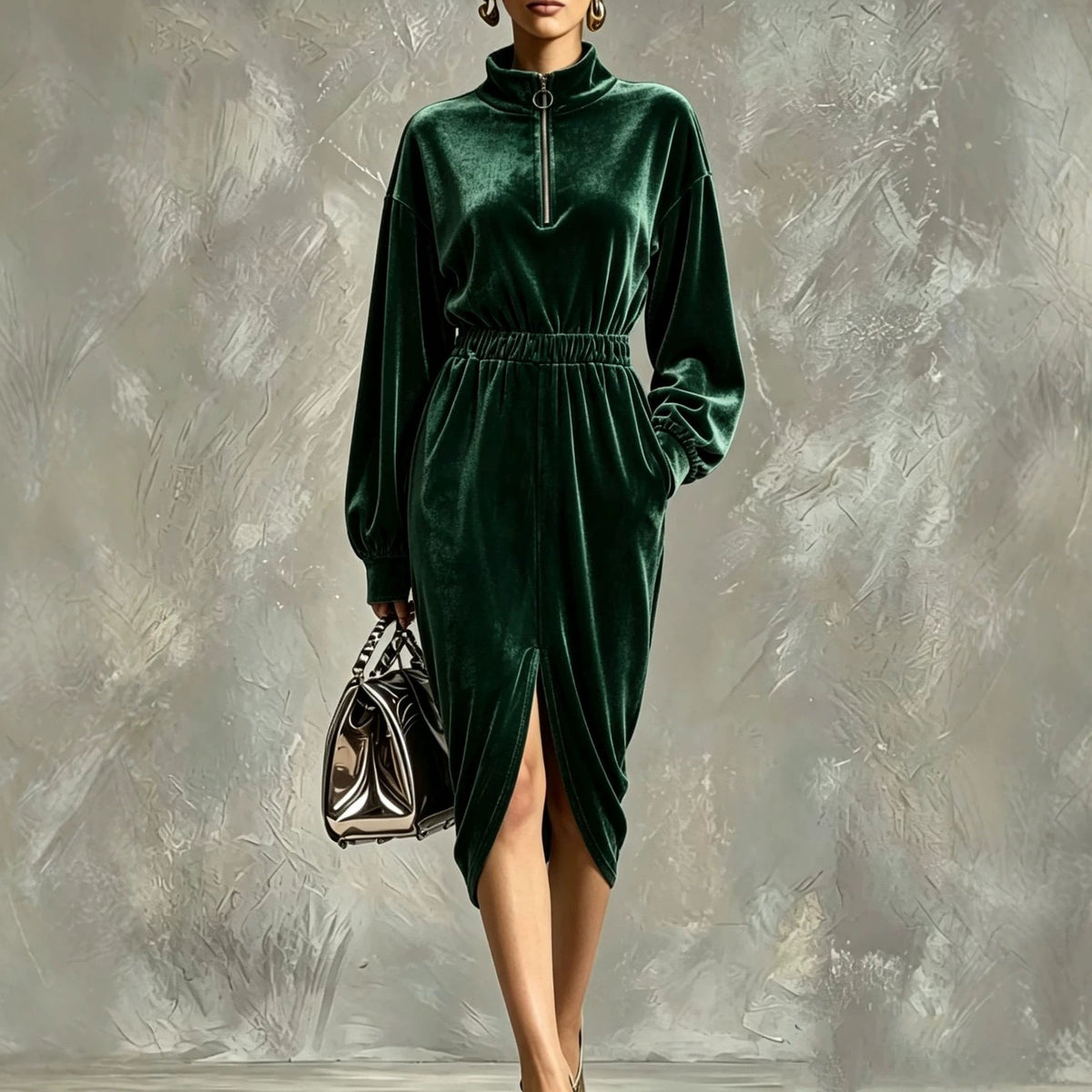 Women's Fashion Velvet Zip-front Waist-cinching Long-sleeve Dress