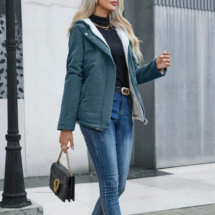 Womens Fleece-lined Hooded Loose-fit Cotton Coat Plus Size