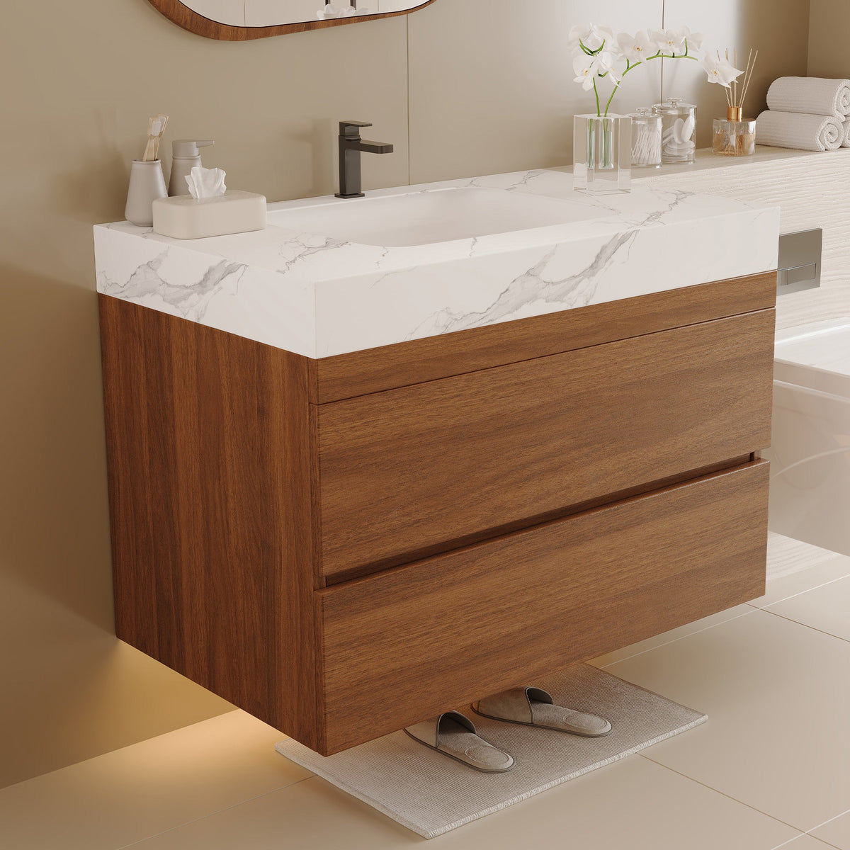 29.9" Modern Floating Bathroom Vanity with Faux Marble Top