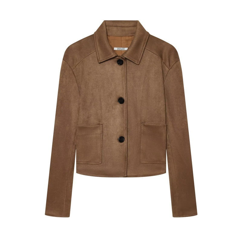 AutumnWinter Retro-chic Suede Velvet Lapel Double-breasted Jacket