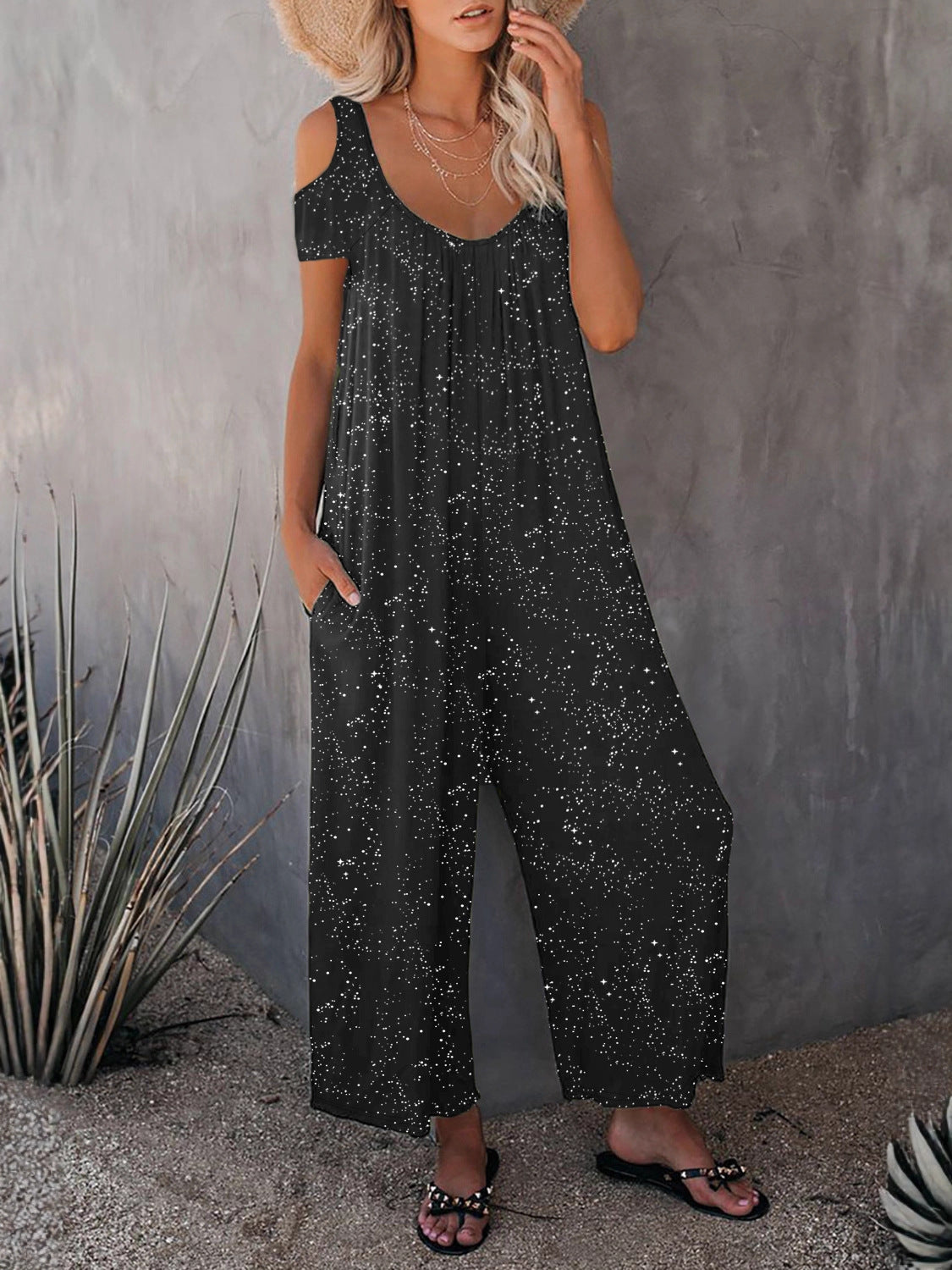 Fashionable Off-shoulder Sexy Powder-dusting Strap Jumpsuit With Long Pants
