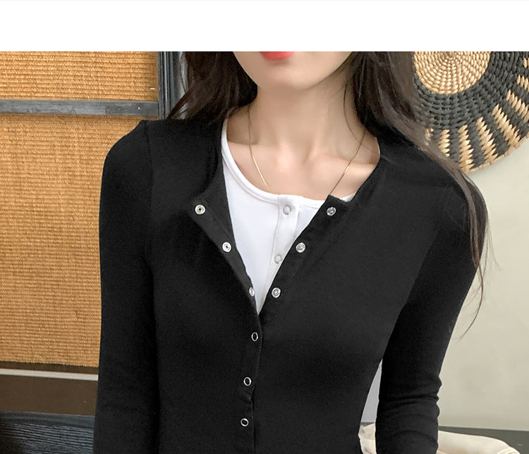 Color-block Faux Two-piece T-shirt Womens Long-sleeve Top