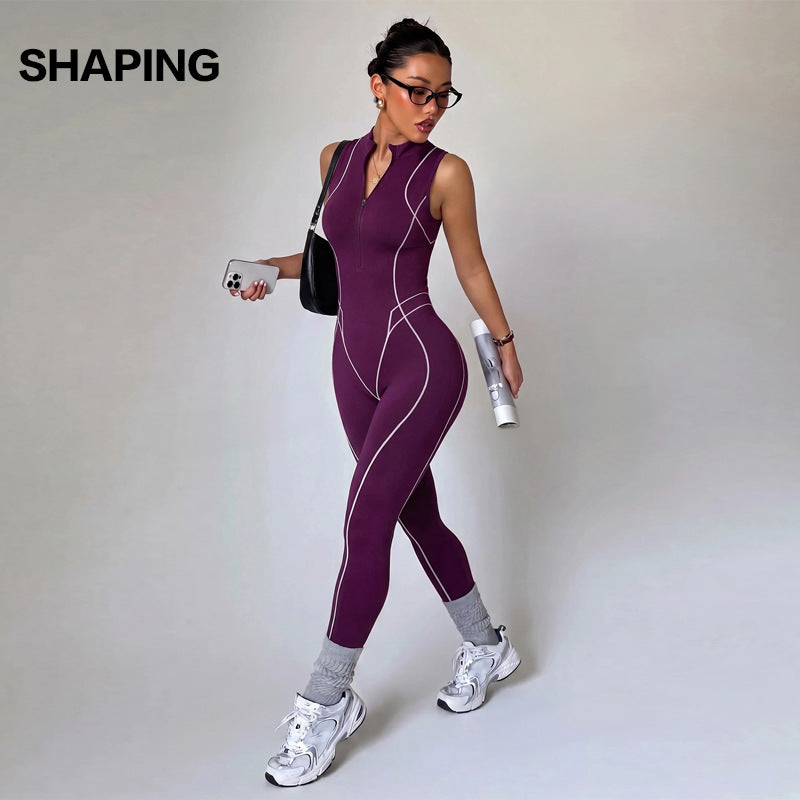 European And American Cross-border Women's One-piece Yoga Outfit With Contrasting Colors, Zipper, Hollowed-out Peach Butt Design, Long Pants, Integrated Fitness Jumpsuit