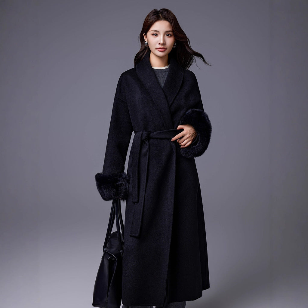 Thickened Coat With Fox-fur Sleeves Womens Belted Wool Blend