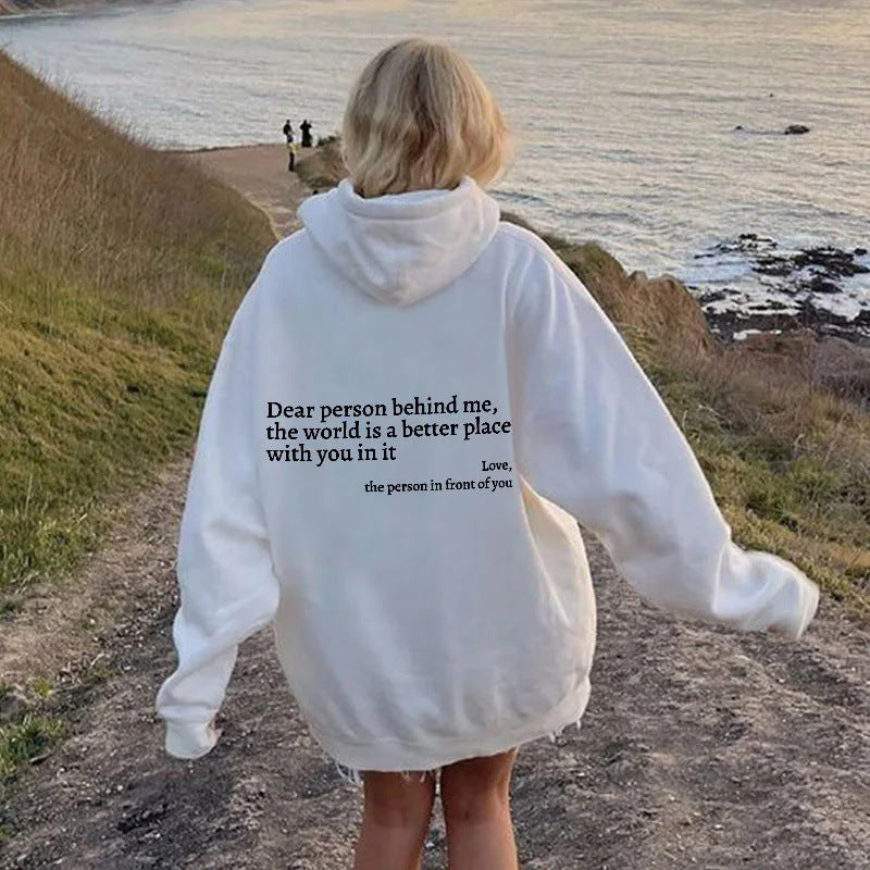 Womens Letter-Print Pocket Drawstring Hoodie With Fleece Lining