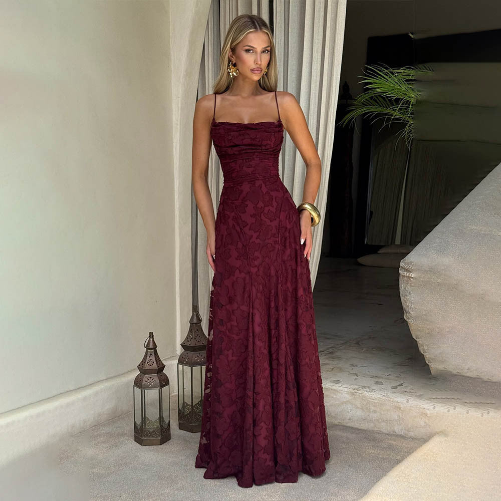 Cross-Border Amazon European And American Style Women's Evening Dress New Fashion Versatile Hot Girl Style Burgundy Sexy Suspender Dress
