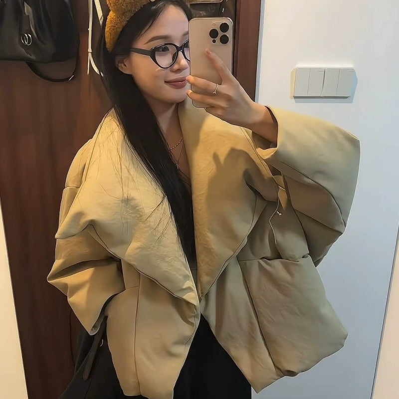Womens Short, Large Lapel Cotton Coat Warm Outerwear