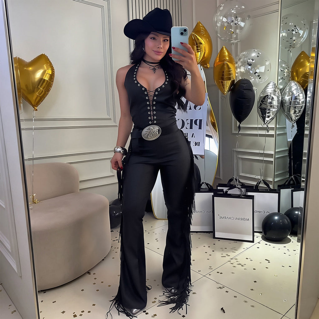 C7831 Cross Border 2026 New Women Sexy Western-style Halterneck Fringe Wide-leg Pants Slim-fit Party Jumpsuit