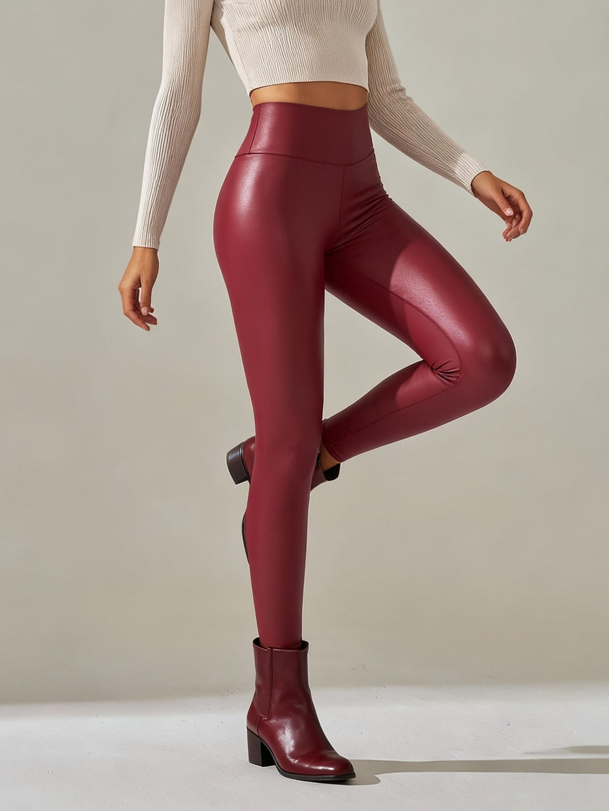 Women Faux Leather Leggings, High Waisted PU Leather Stretch Skinny Pants For Fall Winter Casual Daily Wear