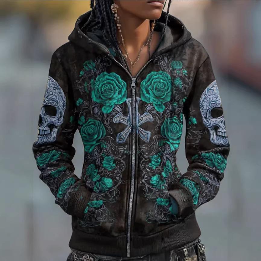 Printed Hooded Zip-Up Cardigan Fashionable Casual Womens Sweatshirt