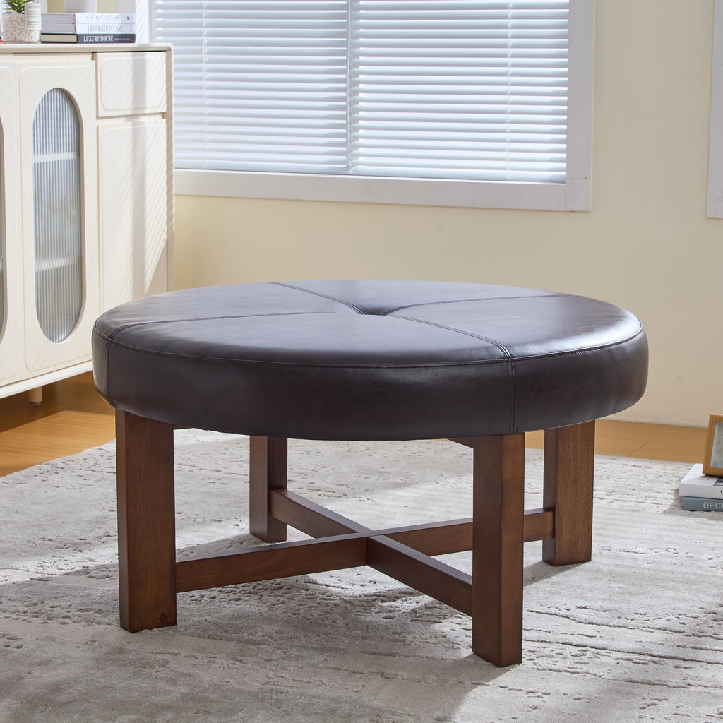 Round Leather Ottoman Coffee Table with Solid Wood Base
