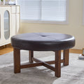 Round Leather Ottoman Coffee Table with Solid Wood Base