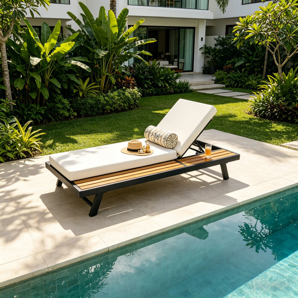 Black Iron and Teak Finish Chaise Lounge Set