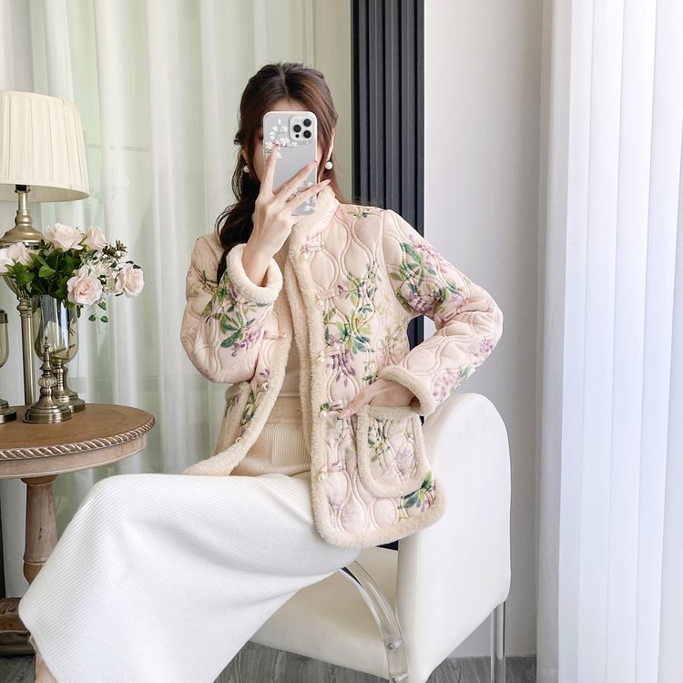 Womens Retro Frog-Button Floral Velvet-Lined Warm Cotton Padded Coat