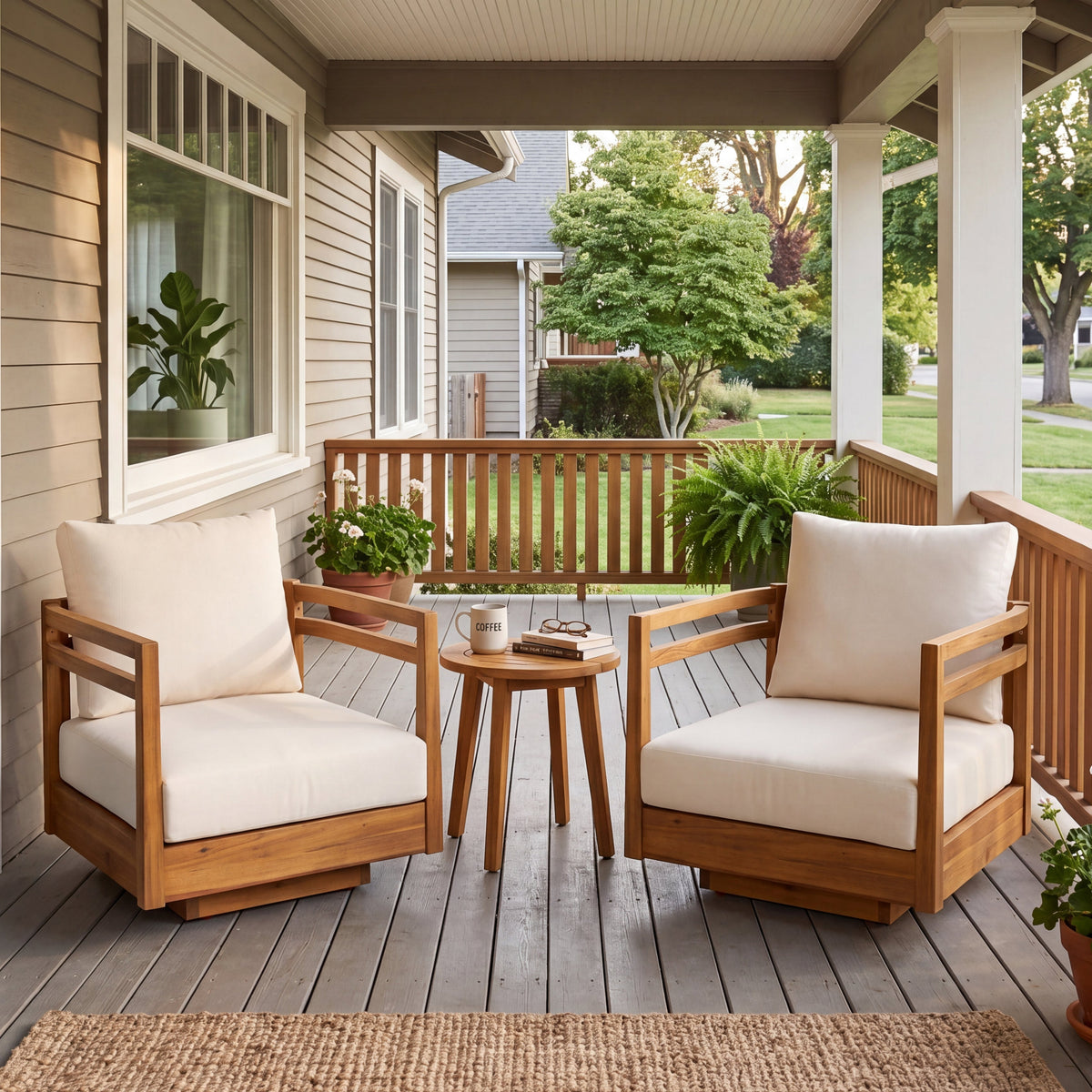 Set of 2 Acacia Wood Outdoor Swivel Chairs with Cushions