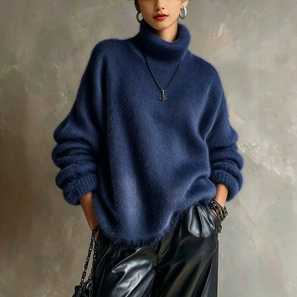 Womens Solid-color Loose-fitting Turtleneck Sweater In Soft Plush Knit