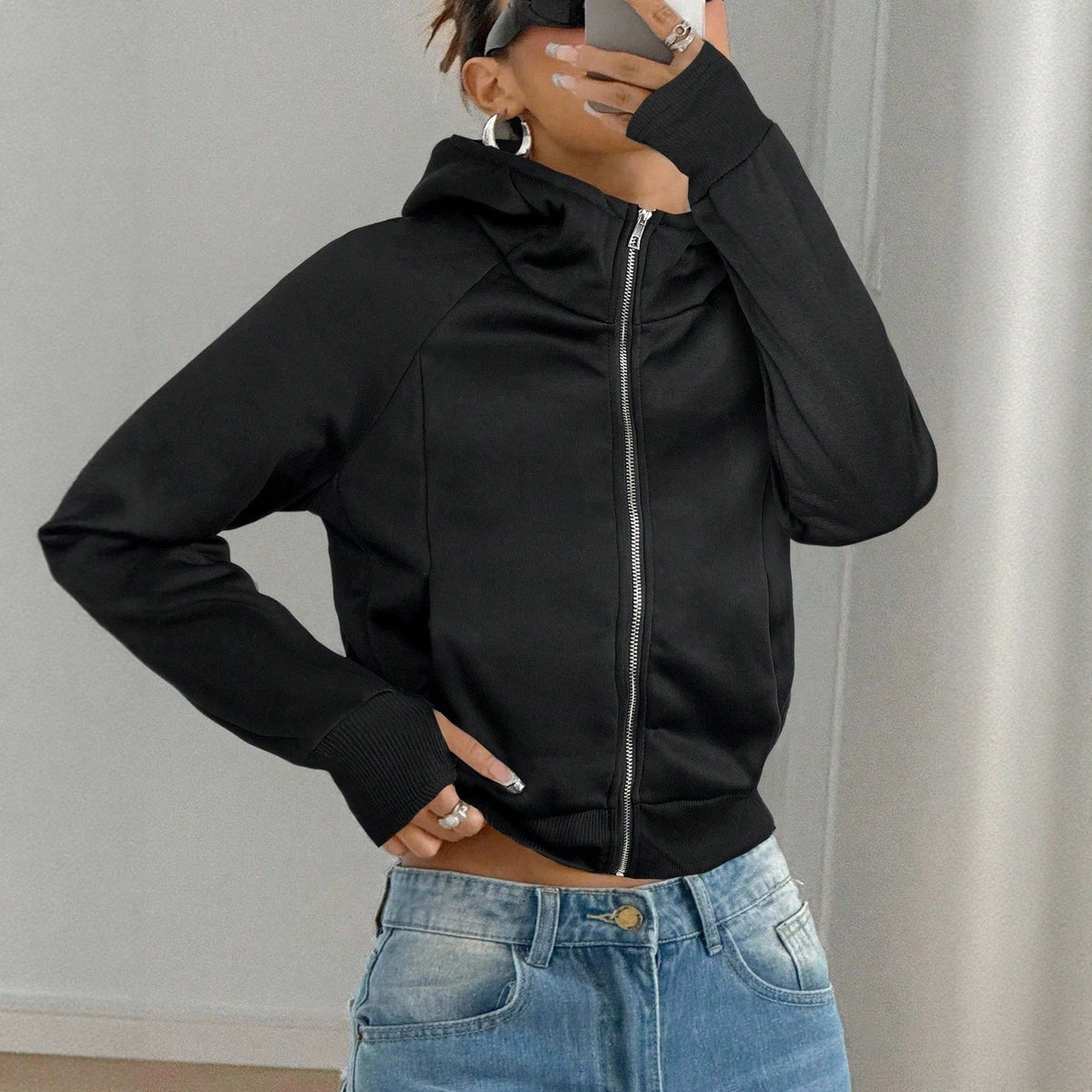 Solid-color Cropped Hooded Sweatshirt For Women