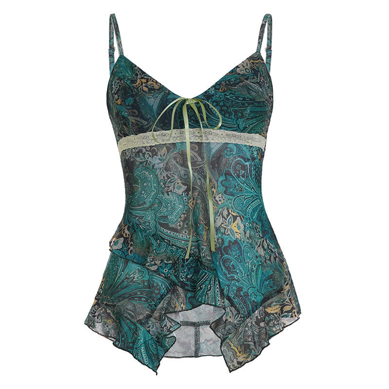 Retro-printed Contrast-color Sexy Spicy Girl Mesh Camisole
