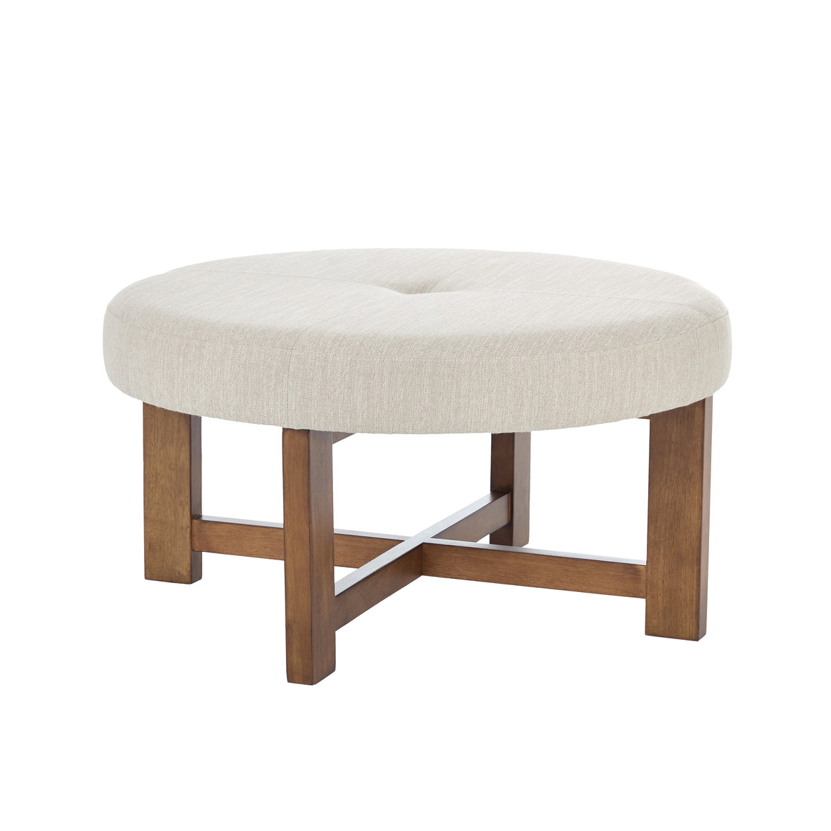 Beige Fabric Round Ottoman with Solid Wood Cross Base