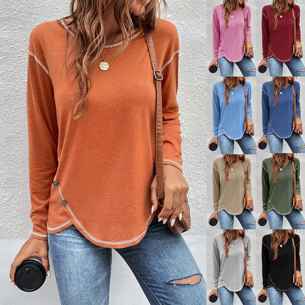 Europe And America New Women's Solid Button Irregular Edge T-shirt