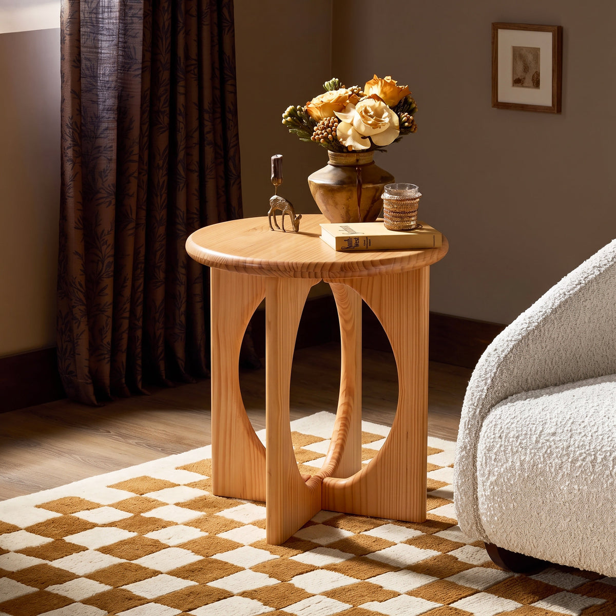 Natural Pine Wood Round End Table