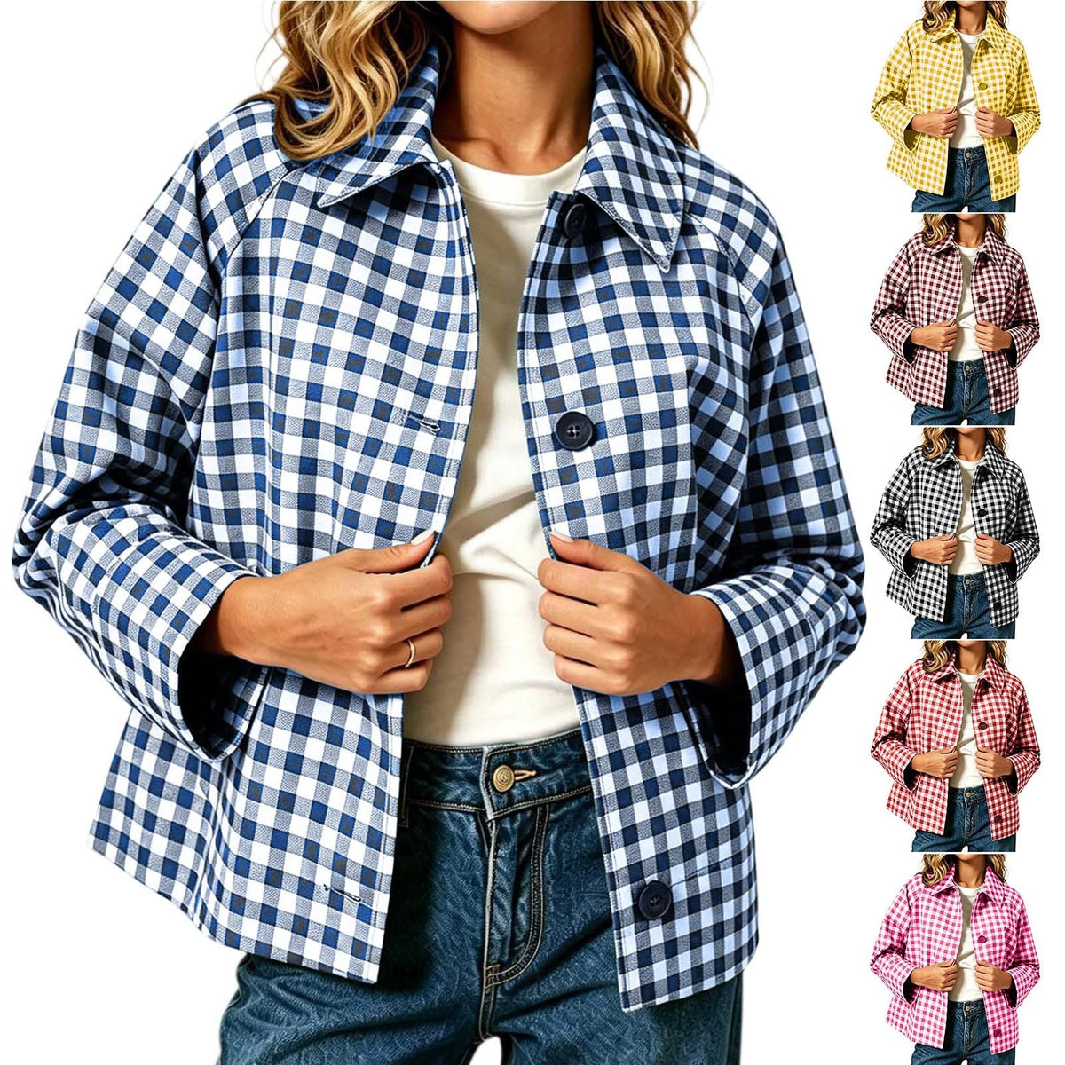 Womens Color-Block Plaid Casual Coat