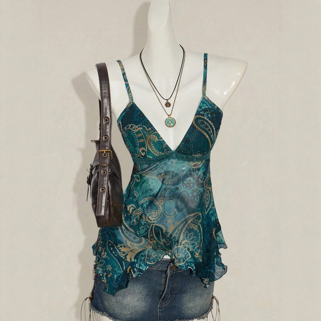 Sexy Figure-flattering Floral-print Mesh Top