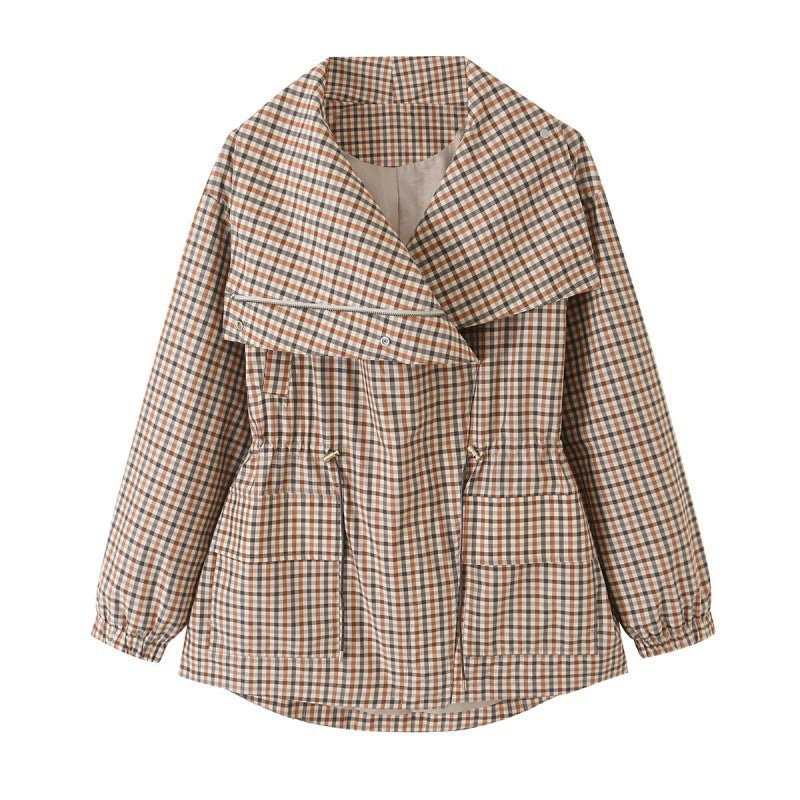 Womens Autumn Turn-down Collar Plaid Drawstring-waist Trench Coat