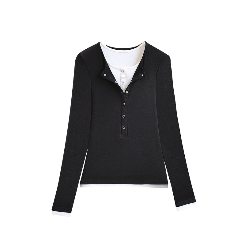 Color-block Faux Two-piece T-shirt Womens Long-sleeve Top