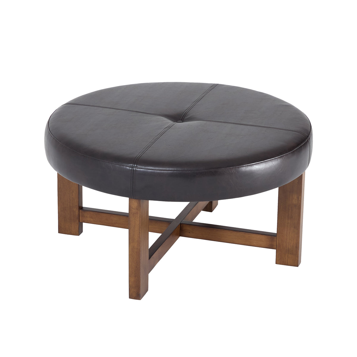 Round Leather Ottoman Coffee Table with Solid Wood Base