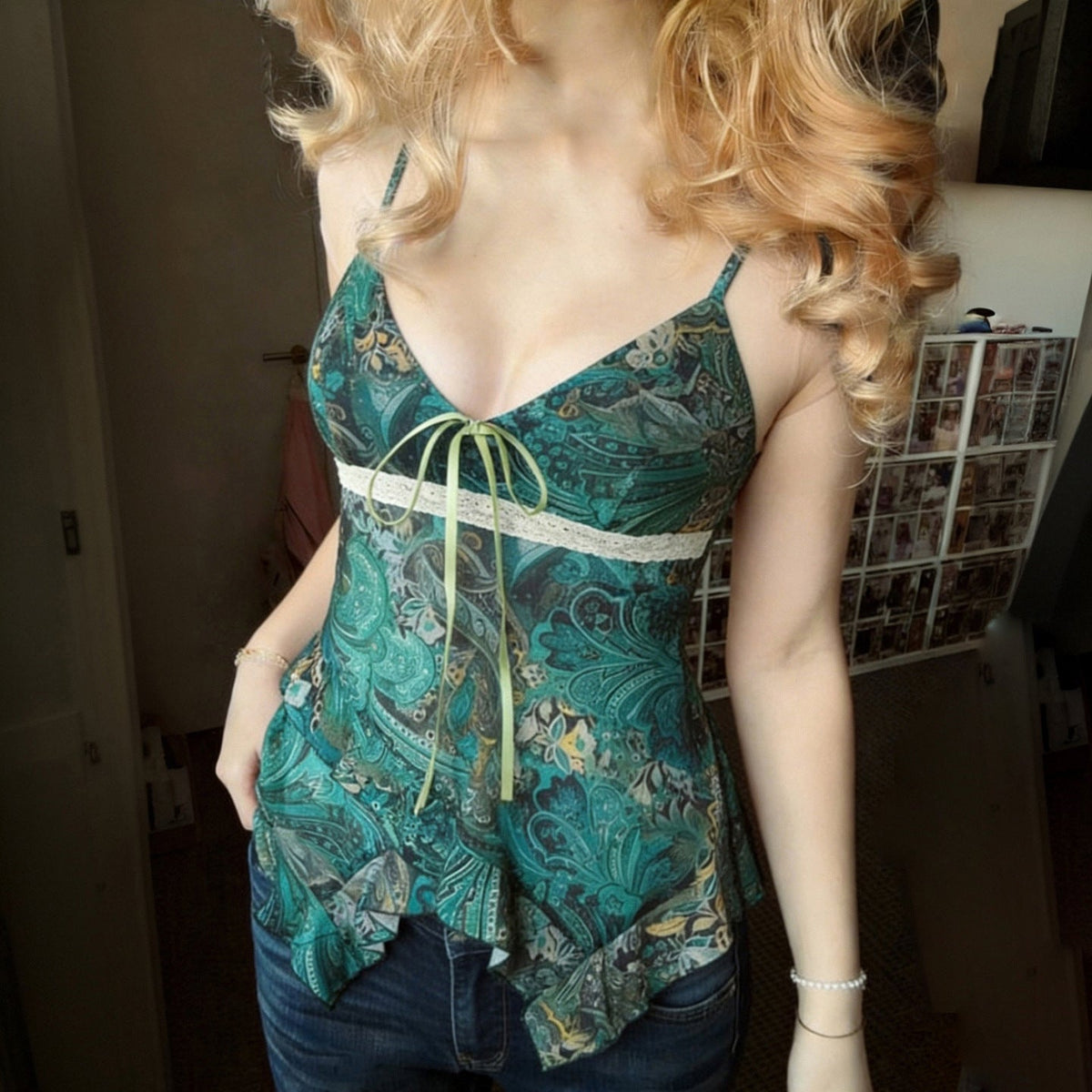 Retro-printed Contrast-color Sexy Spicy Girl Mesh Camisole
