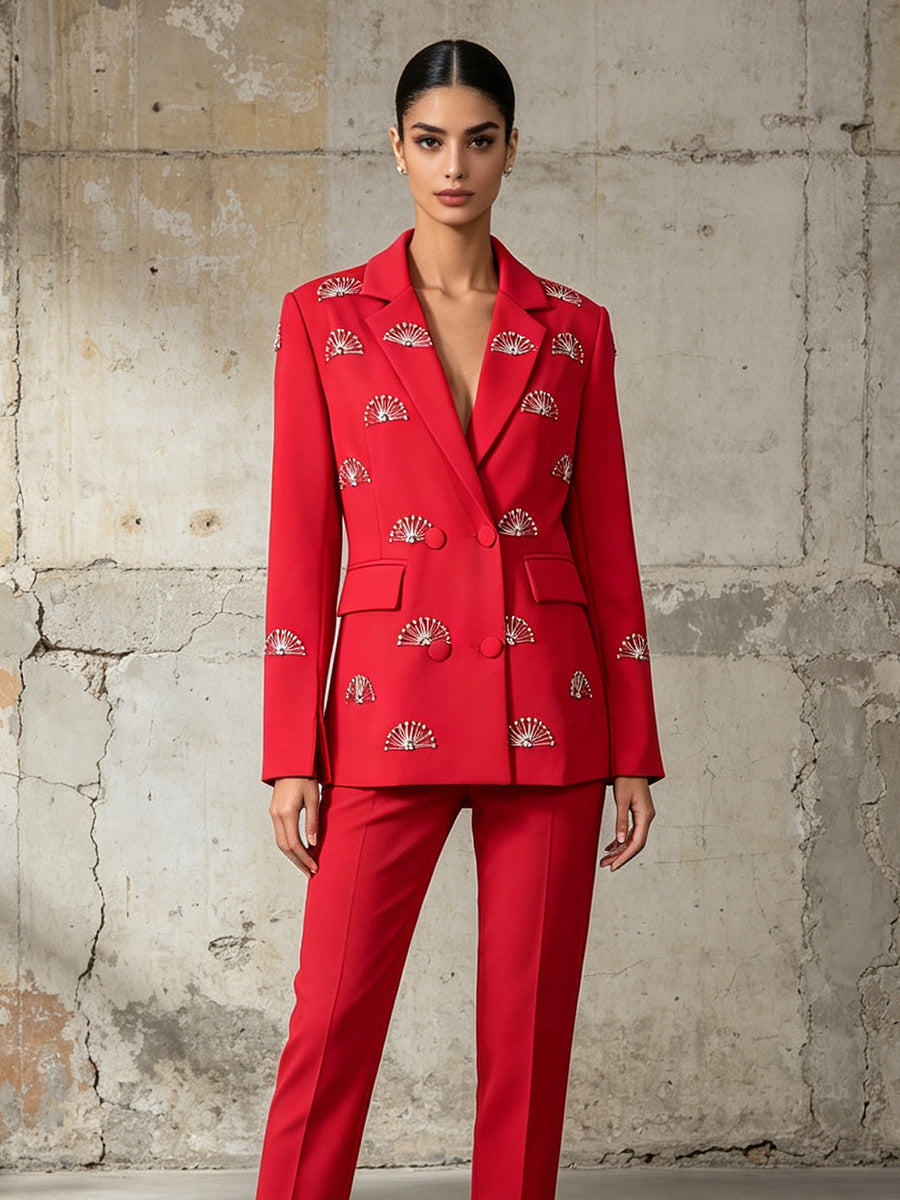 Rhinestone Fan Motif Double Breasted Notched Lapel Tailored Blazer Jacket