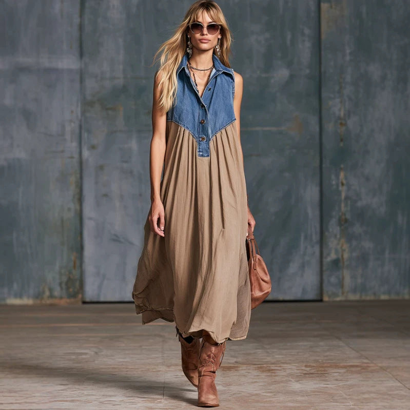 Fashionable Women's Blue Denim Patchwork Dress