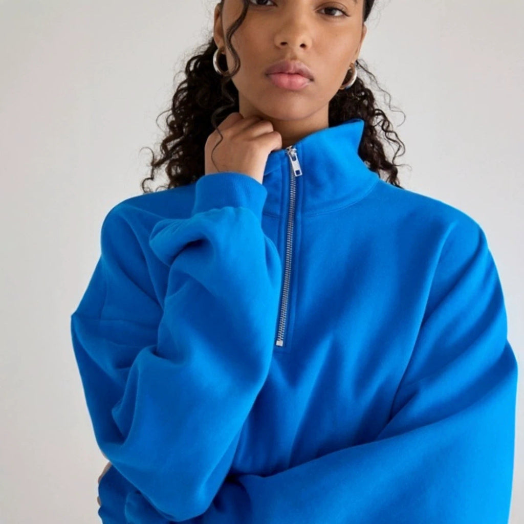 Women's Half-Zip Lapel Sweatshirt - Loose Fit Puff Sleeve Short Pullover Top Casual European Style
