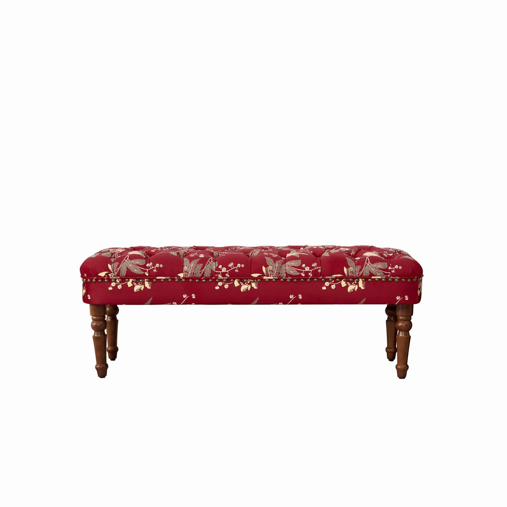 European Style Tufted Floral Bench with Turned Wood Legs